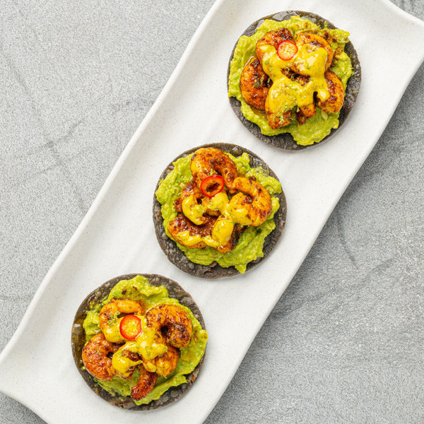 Shrimp Tostada in a Mojo Verde Latin Citrus Aioli