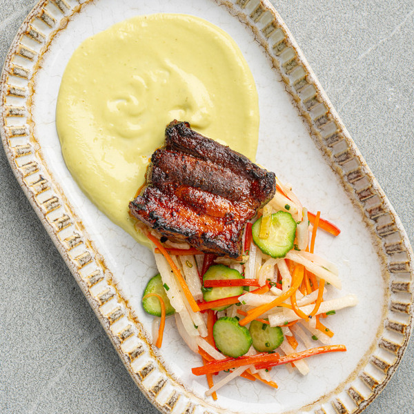 Braised Latin Chili Pork Belly with Avo Puree and Jicama Slaw