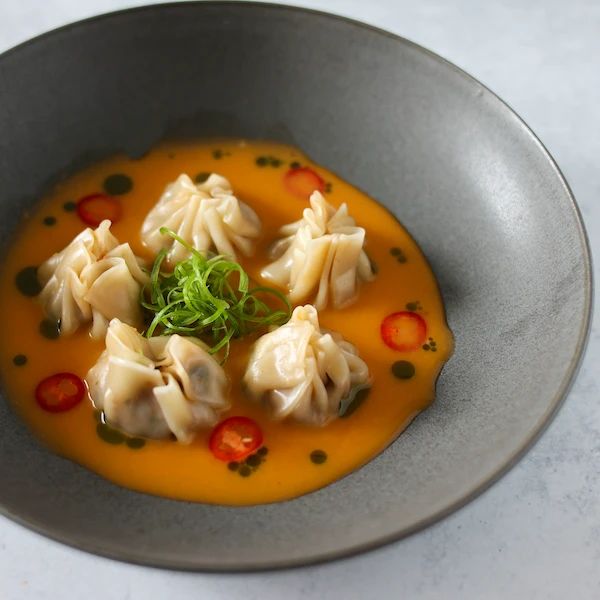 Roasted Duck Dumplings with Thai Broth